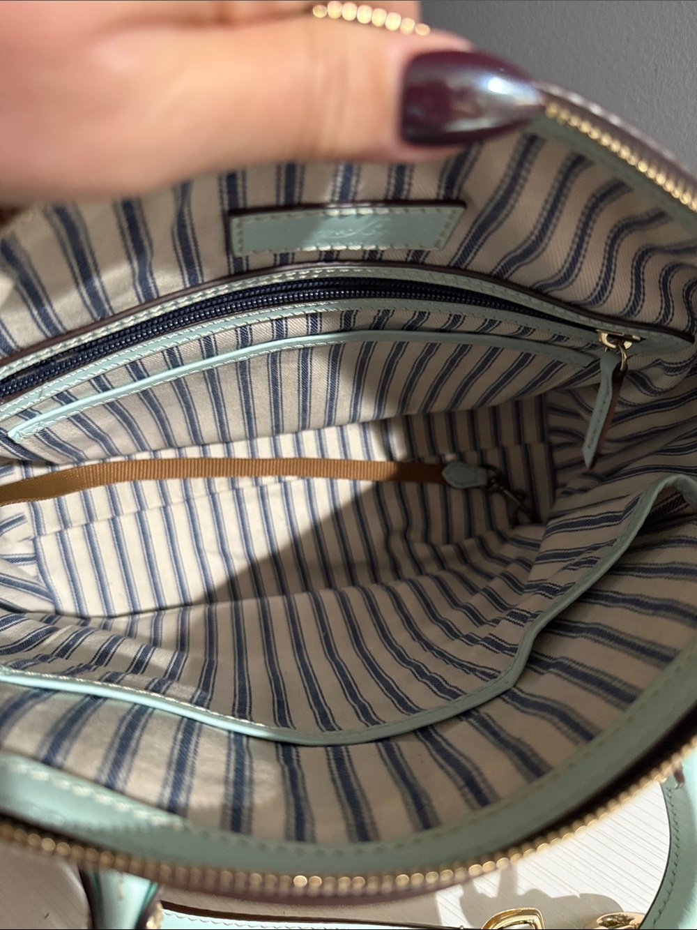 Dooney & Bourke Beacon Woven Domed Satchel in a pale blue/aqua and tan $295 - Picture 9 of 12